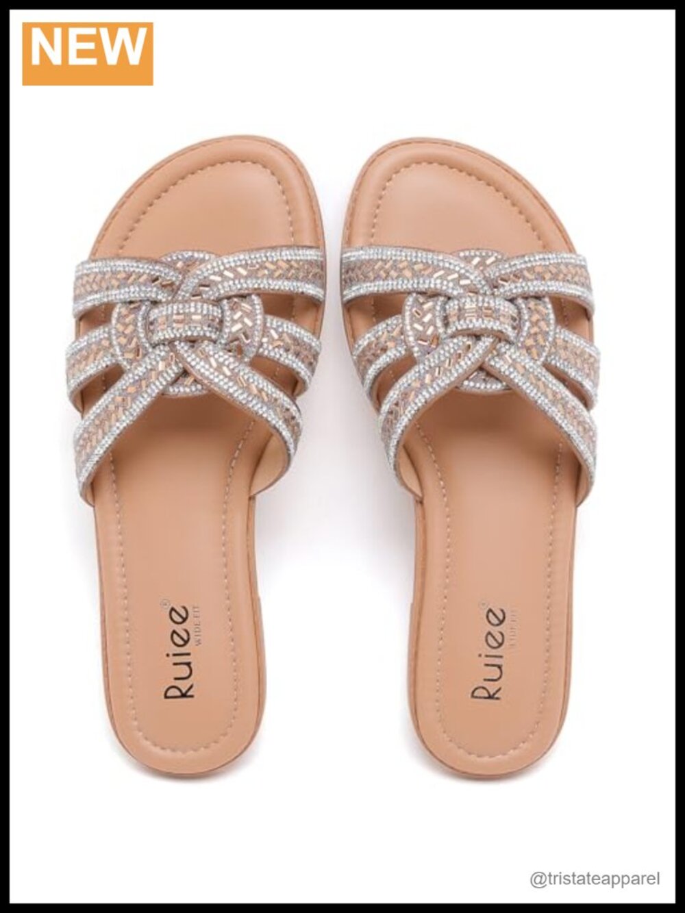 Wide Width Flat Slide Sandals, Diamond Sparkly Bling, Cushioned Footbed, Slip On